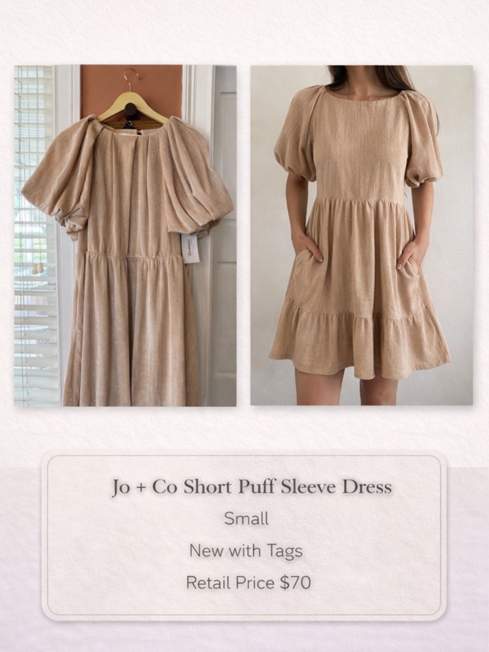 Jo + Co Puff Sleeve Mini Dress Small Beige Neutral Tiered Dress Pockets NWT